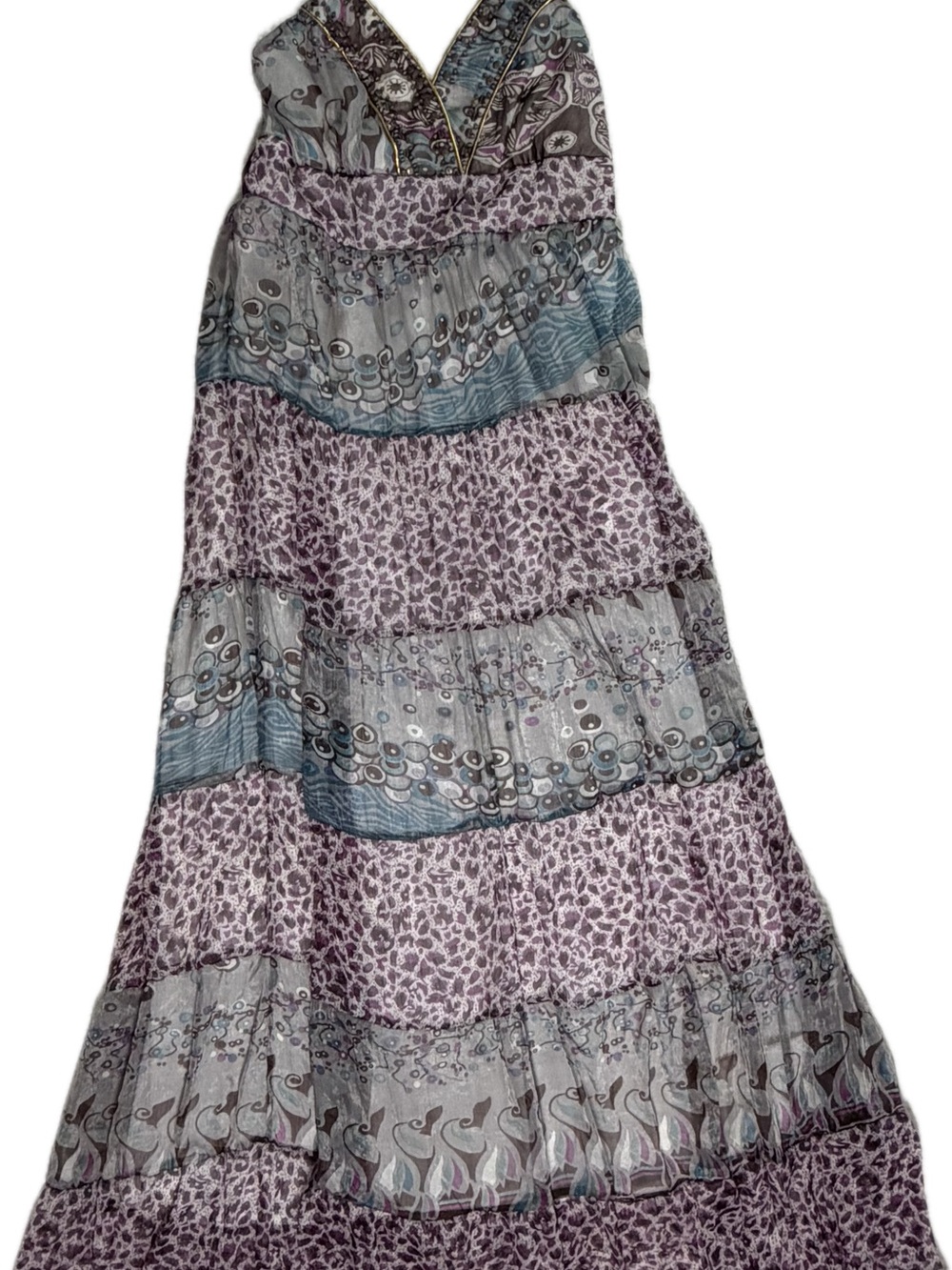 Torrid boho maxi beaded v neck kaleidoscope purple grey mixed print Sz 0